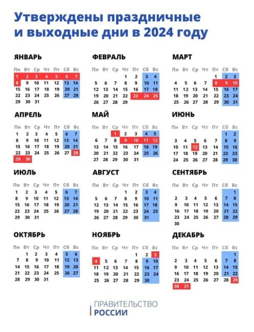 Правительство России определило выходные и праздничные дни на 2024 год. Новогодние каникулы продлятся 10 дней..