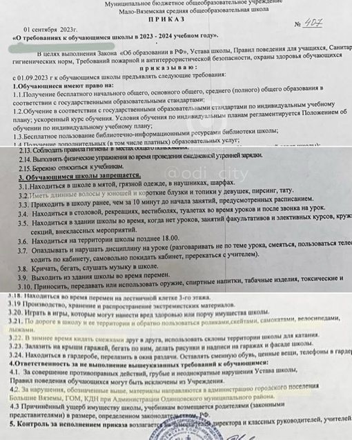 В Малых Вяземах ученикам запрещают приезжать в школу на самокатах, а также иметь длинные волосы у юношей..