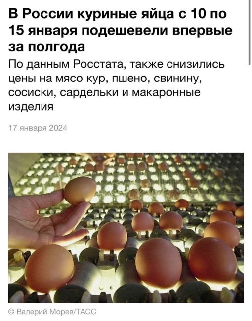 Ура! Стоимость куриных яиц в России с 10 по 15 января 2024 года снизилась на 0,2% — это впервые с июня 2023 года. 
..