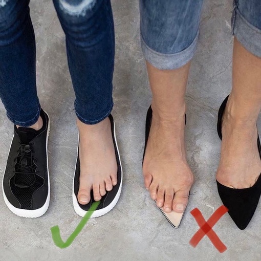 Какую обувь выбрать, чтобы она не вредила стопе?  1️⃣ на низком каблуке или без него
2️⃣ носок обуви должен..