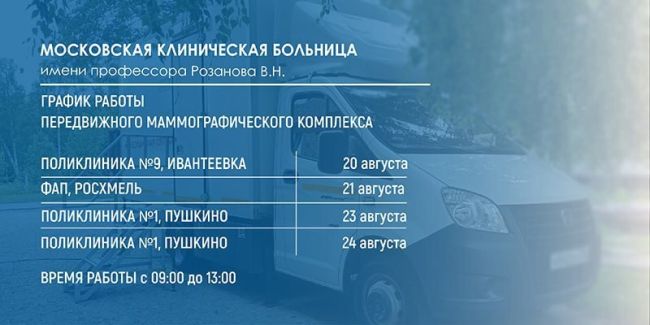 🔹 График работы Центра здоровья и мобильного маммографа с 19 по 24 августа  🔹 Бригада Центра здоровья и..