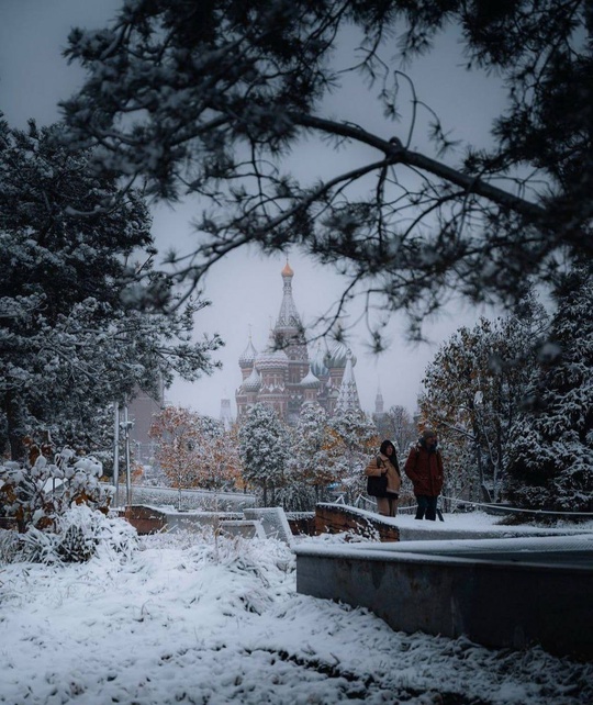 Красную плошадь укрыло снежное..