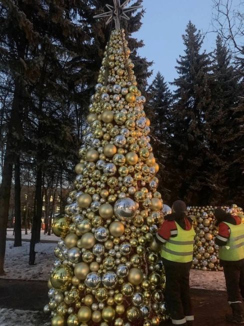 В Юбилейном сквере на Калинина/Чапаева установили золотые ёлки..