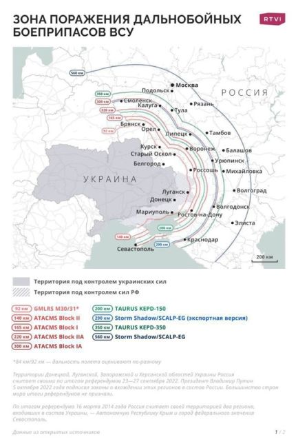 ️Так будет выглядеть зона поражения дальнобойных боеприпасов ВСУ после разрешения США, Франции и Британии..