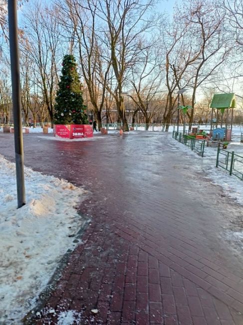 В Шепчинках в сквере у 20 школы у ёлки каток, несколько человек упало. Очень скользко. Ничем не посыпано и не..